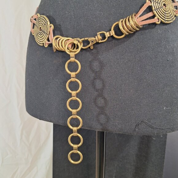 Boho Brass Spiral Medallion Leather Belt 46” Adjustable Festival Artsy Statement - Picture 4 of 7